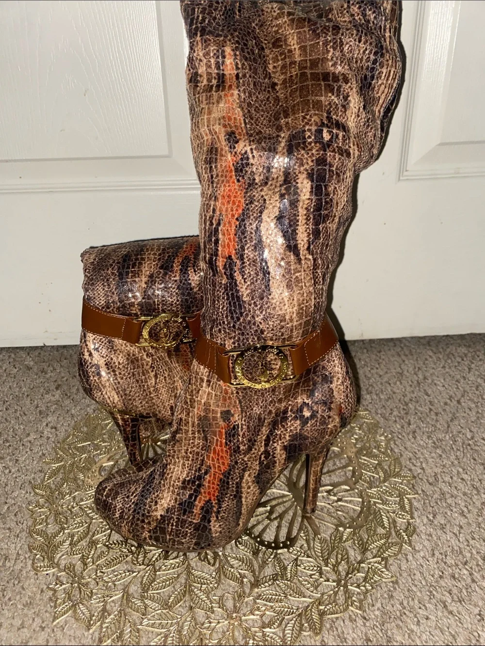 Baby Phat Snakeskin Print Knee-High Stiletto Boots Gold Buckle ✨✨NO BOX